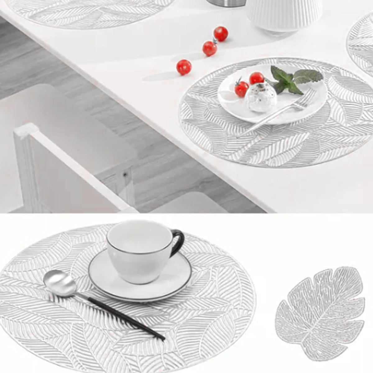 Placemats and Coasters Set Hollow Insulation 6 Pcs Round Dining Table Place Mats and 6 Pcs Leaf Shape Cup Coasters Silver
