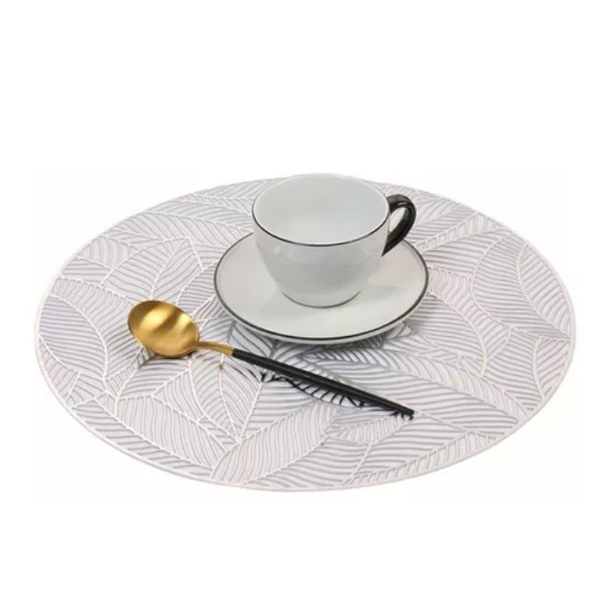 Placemats and Coasters Set Hollow Insulation 6 Pcs Round Dining Table Place Mats and 6 Pcs Leaf Shape Cup Coasters Silver