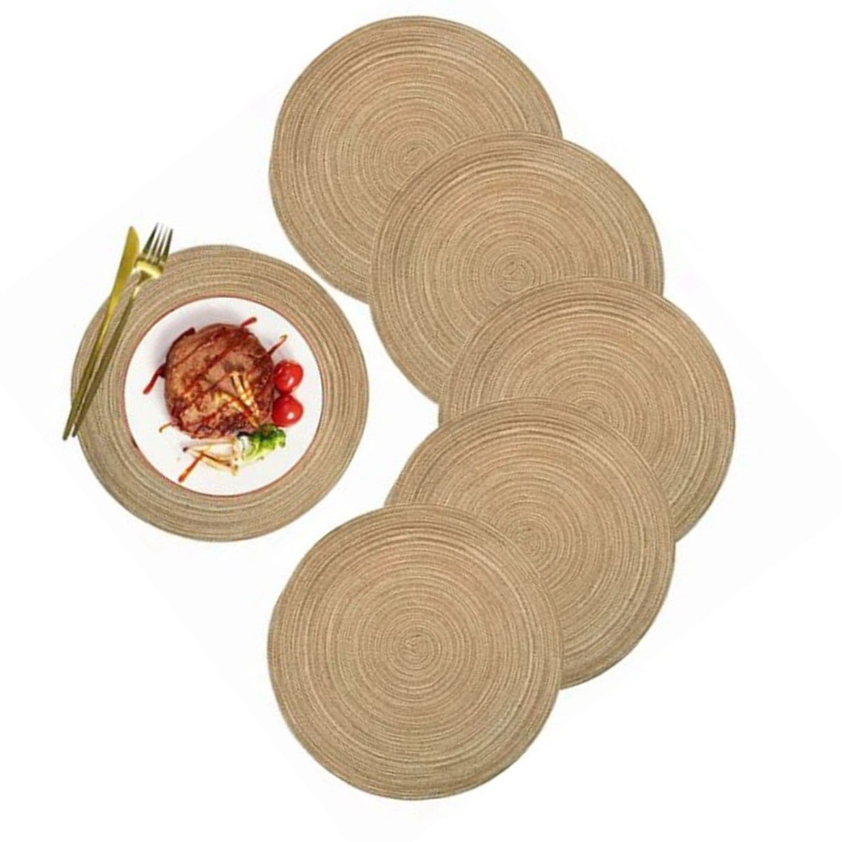 6pcs Round Placemats Slip Proof Prevent Scalding Insulation Decorative Woven Table Mats for Home Cafe Khaki 11.8in
