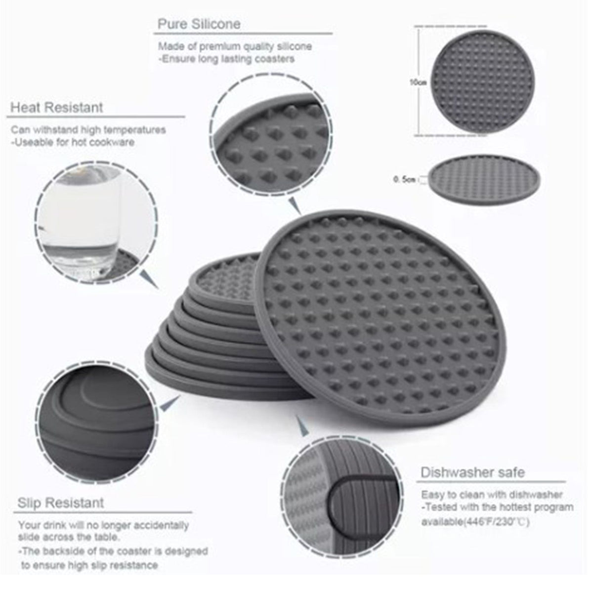 6Pcs Silicone Coaster Set Heat Resistant Prevent Slip Flexible Round Silicone Drink Coaster with Holder for Home Kitchen Grey