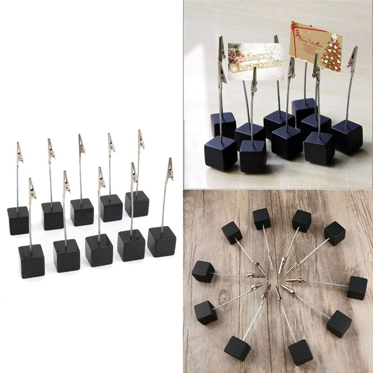 12PCS Card Holder Cube Pine Decorative Table Number Stand Memo Clip Holder for Bedside Decoration Black