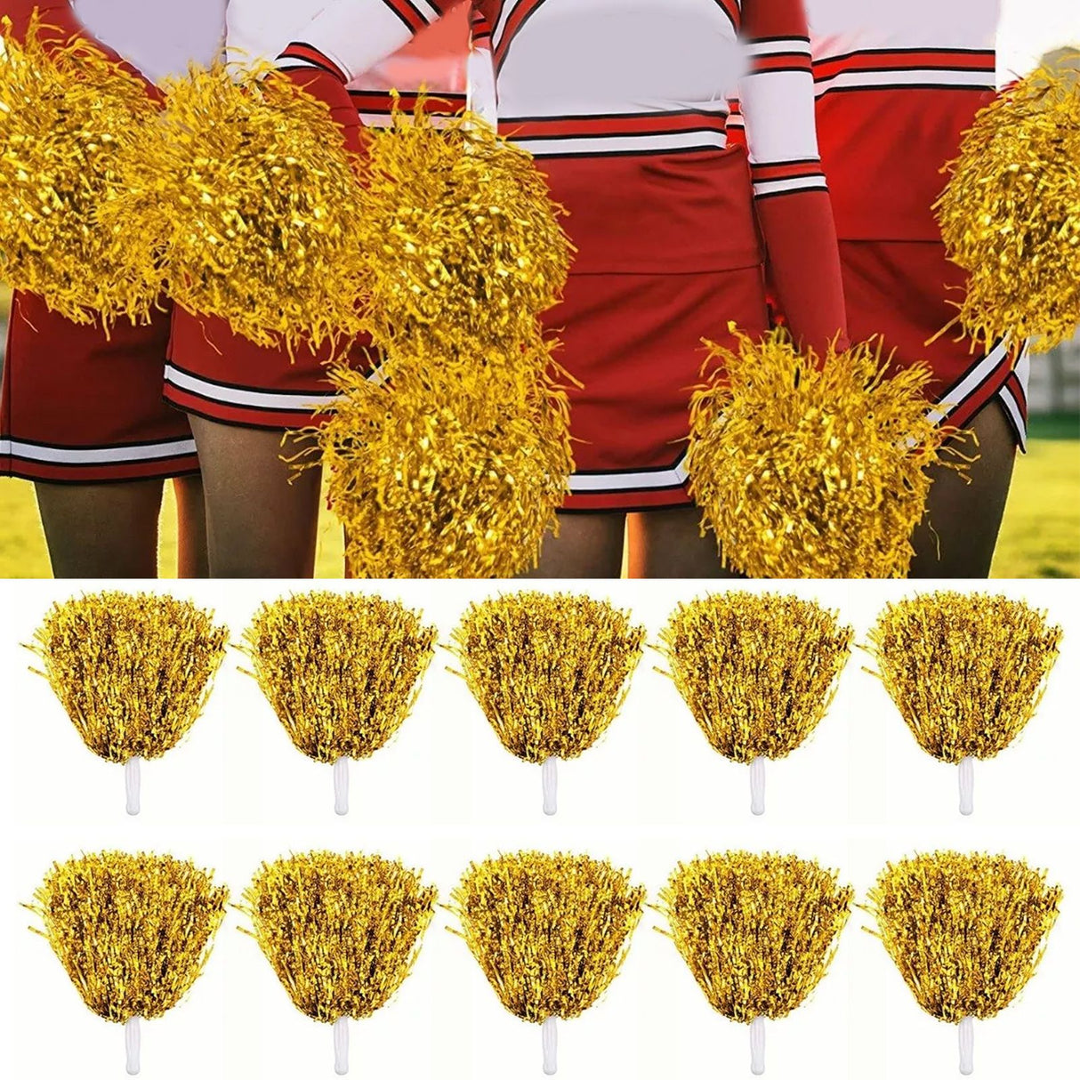 10PCS Cheerleading Pompoms with Straight Handle Reusable Flash Effect Plastic Cheering Poms Ball for Basketball Baseball