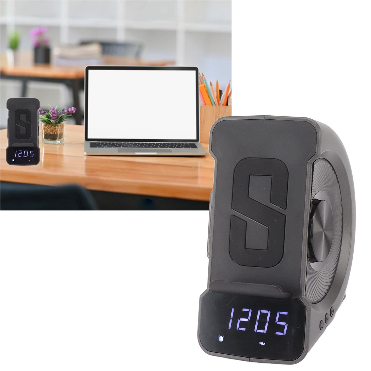 3 in 1 Bluetooth Speaker PC ABS Alarm Clock with Wireless Charging for Bedside 10W Grey