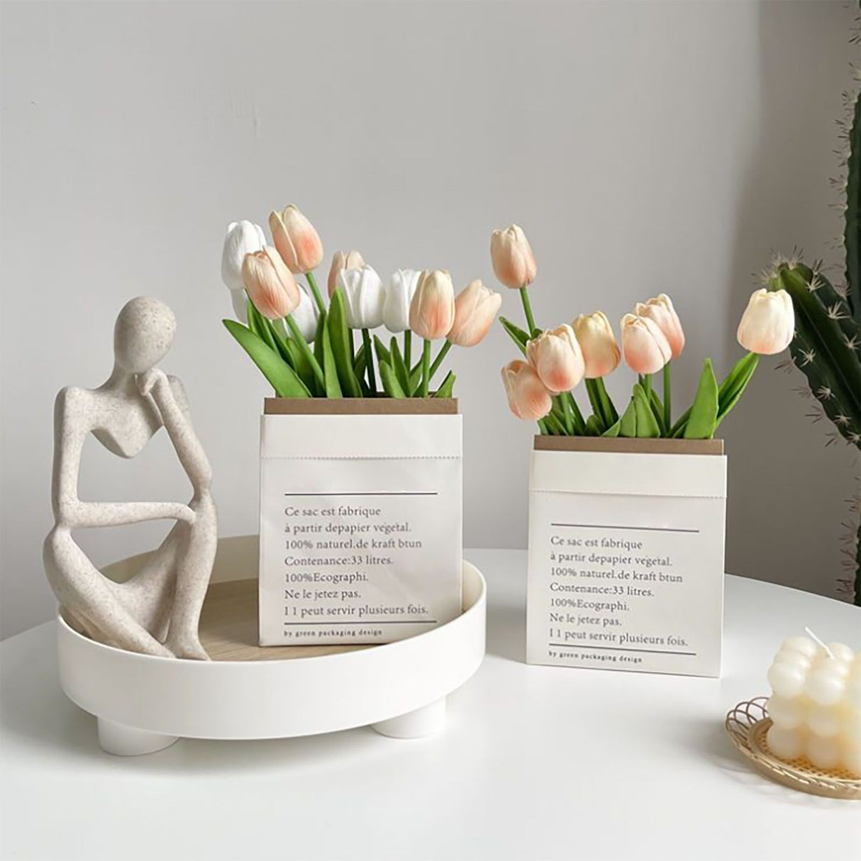 Artificial Flowers Tulipa Style Fine Details Colorfast Vibrant Colors Plastic Flowers for Office Living Room Photography White and Champagne