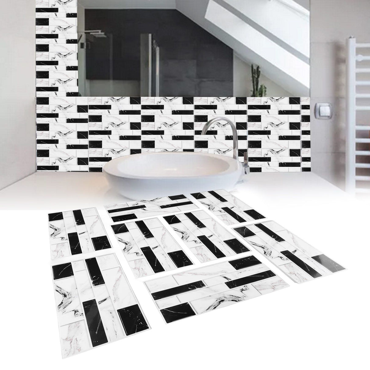 27PCS Kitchen Wallpaper Tile Self Adhesive PVC Wear Resistant White Black Faux Brick for Home Bathroom