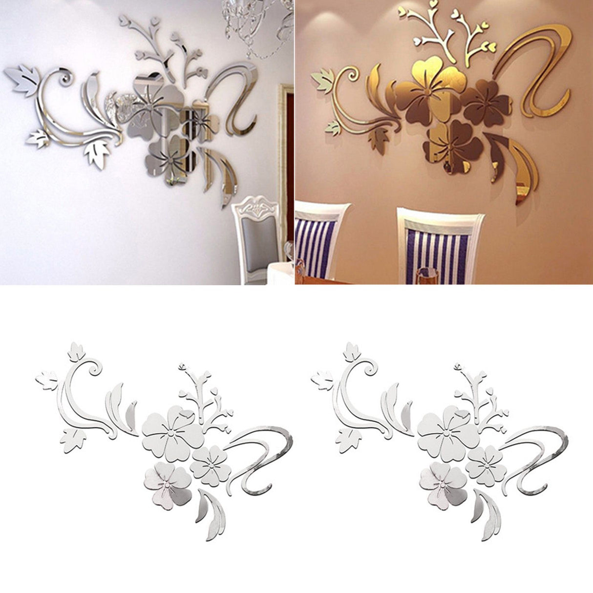2 Sets 3D Acrylic Mirror Wall Stickers Innovative Flower Rattan Mirror Wall Decal for Living Room TV Background Wall