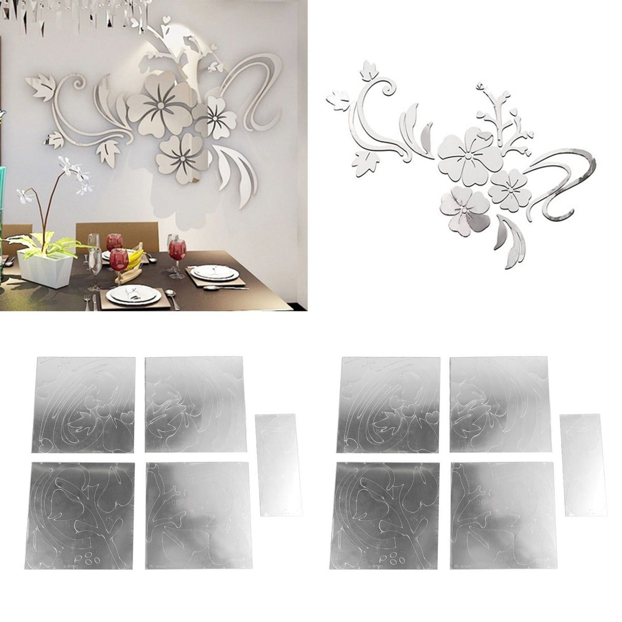 2 Sets 3D Acrylic Mirror Wall Stickers Innovative Flower Rattan Mirror Wall Decal for Living Room TV Background Wall