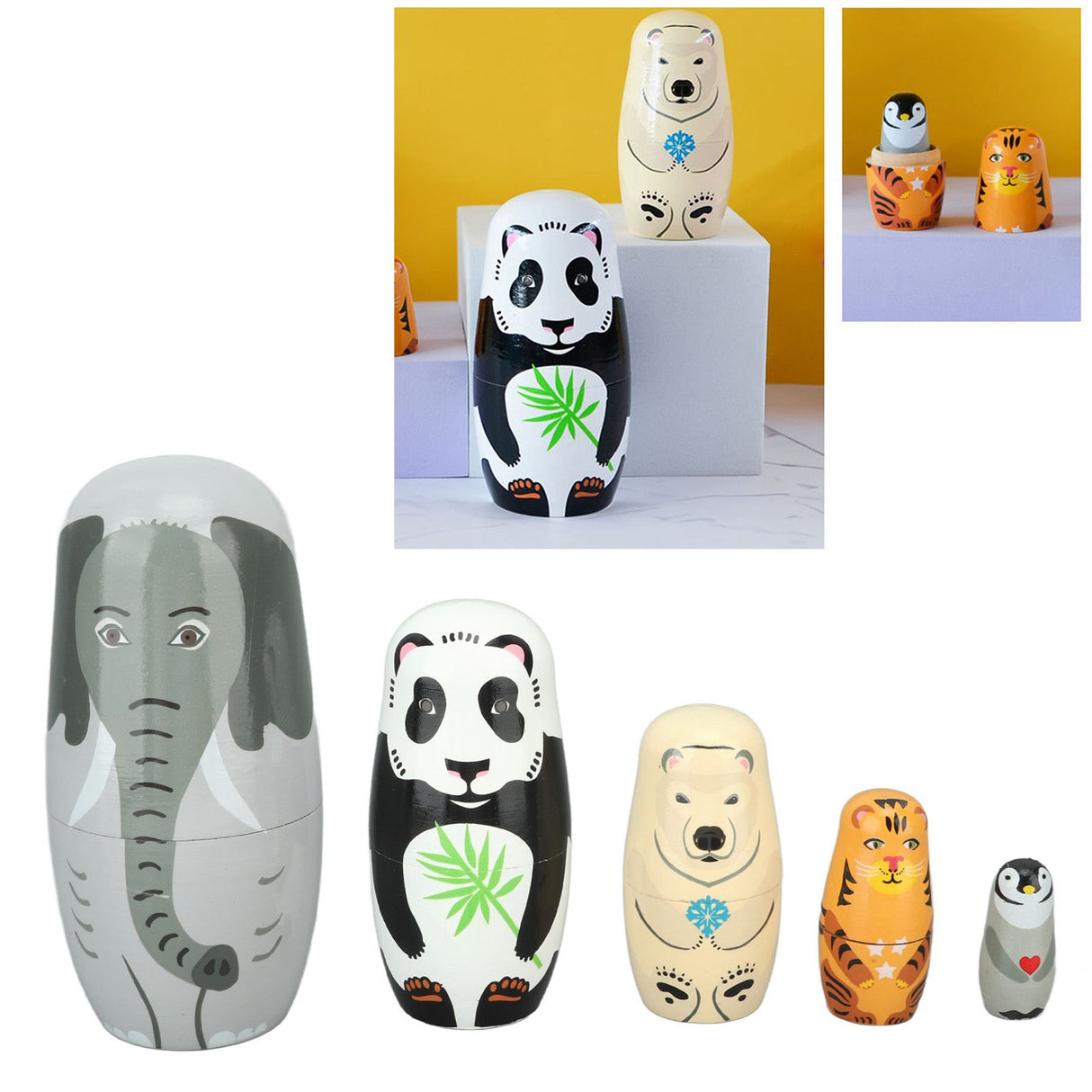 Wooden Animal Nesting Dolls Handcrafted 5 Layer Cute Painted Russian Nesting Dolls Toy Gift for Girls Boys Birthday