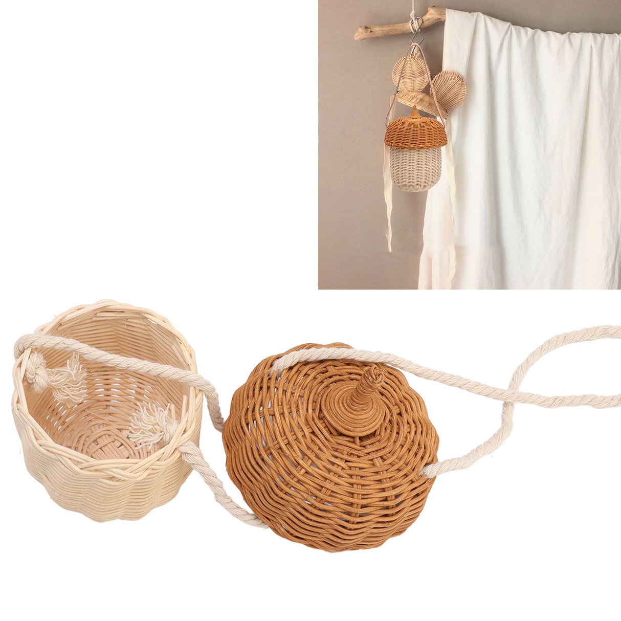 Kids Rattan Storage Basket Hand Woven Decorative Acorn Shaped Basket Bag for Boys Girls Photography Props Small Shoulder Bag