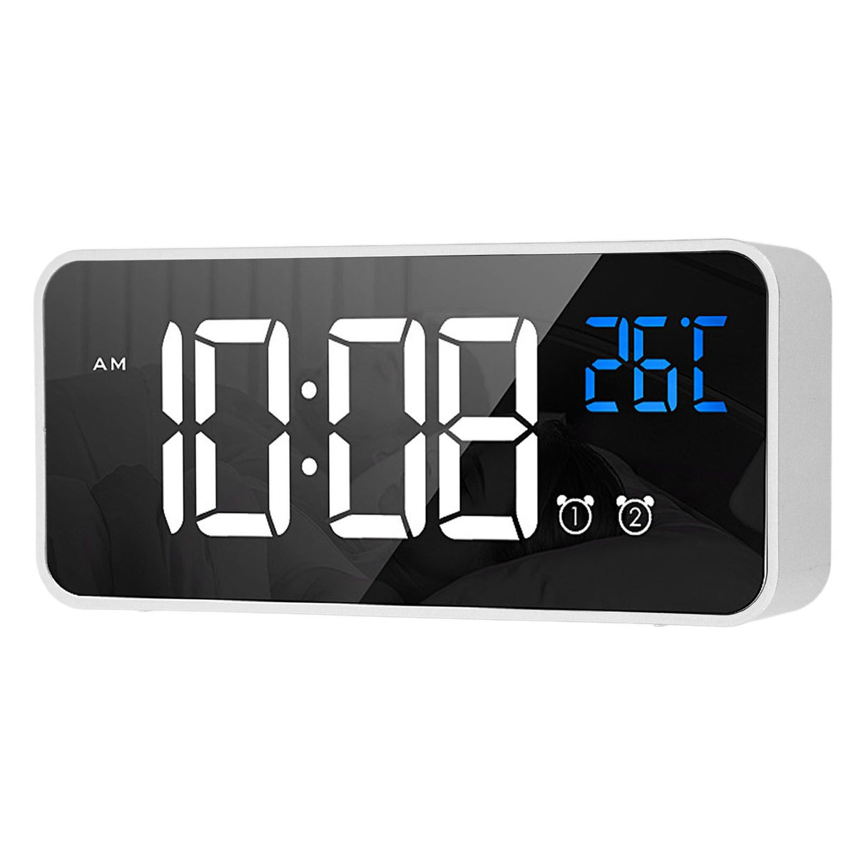 Mirror LED Alarm Clock Two Sets of Alarm Rechargeable Voice Activated Digital Clock for Bedrooms Bedside Desk Silver