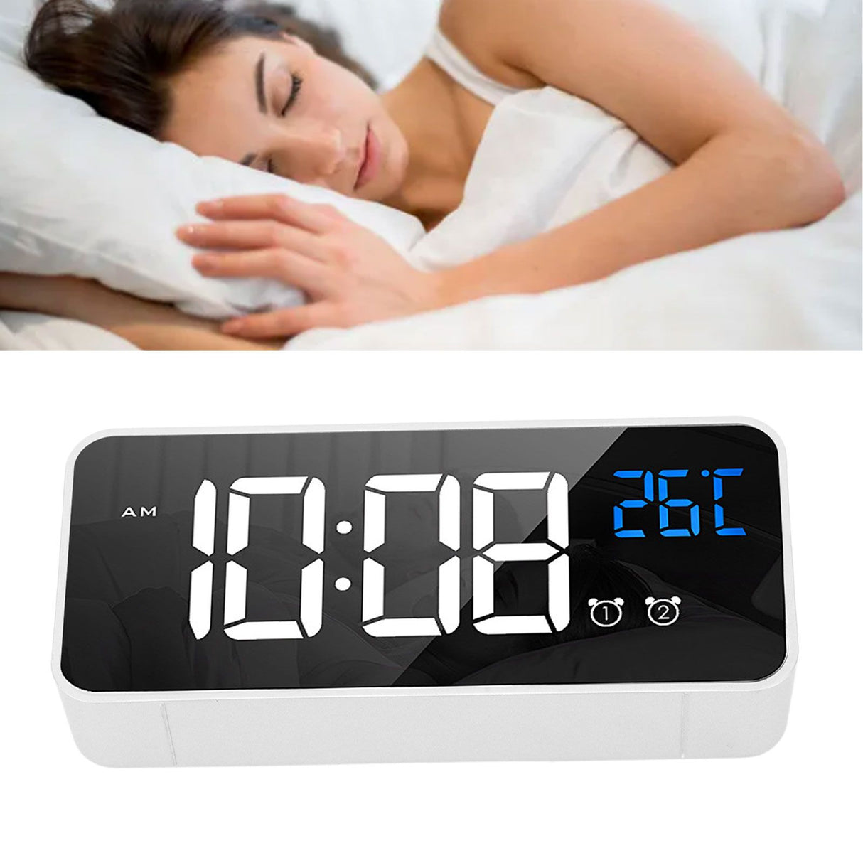 Mirror LED Alarm Clock Two Sets of Alarm Rechargeable Voice Activated Digital Clock for Bedrooms Bedside Desk Silver