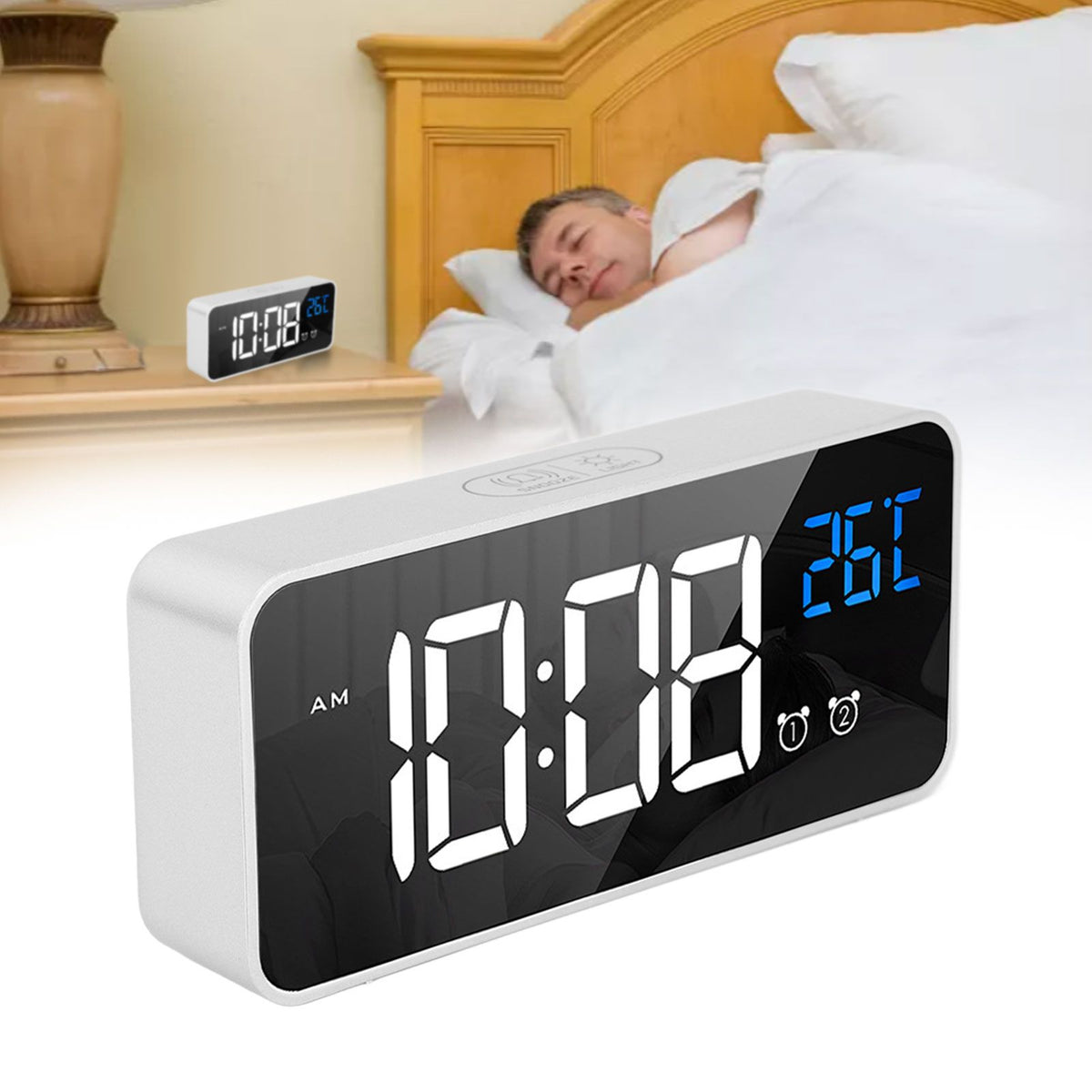 Mirror LED Alarm Clock Two Sets of Alarm Rechargeable Voice Activated Digital Clock for Bedrooms Bedside Desk Silver