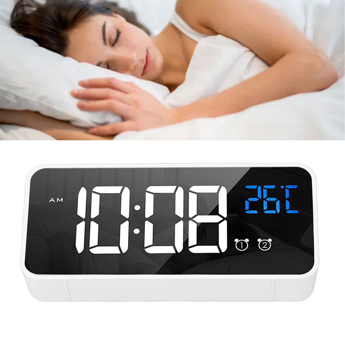 Mirror LED Alarm Clock Two Sets of Alarm Rechargeable Voice Activated Digital Clock for Bedrooms Bedside Desk White