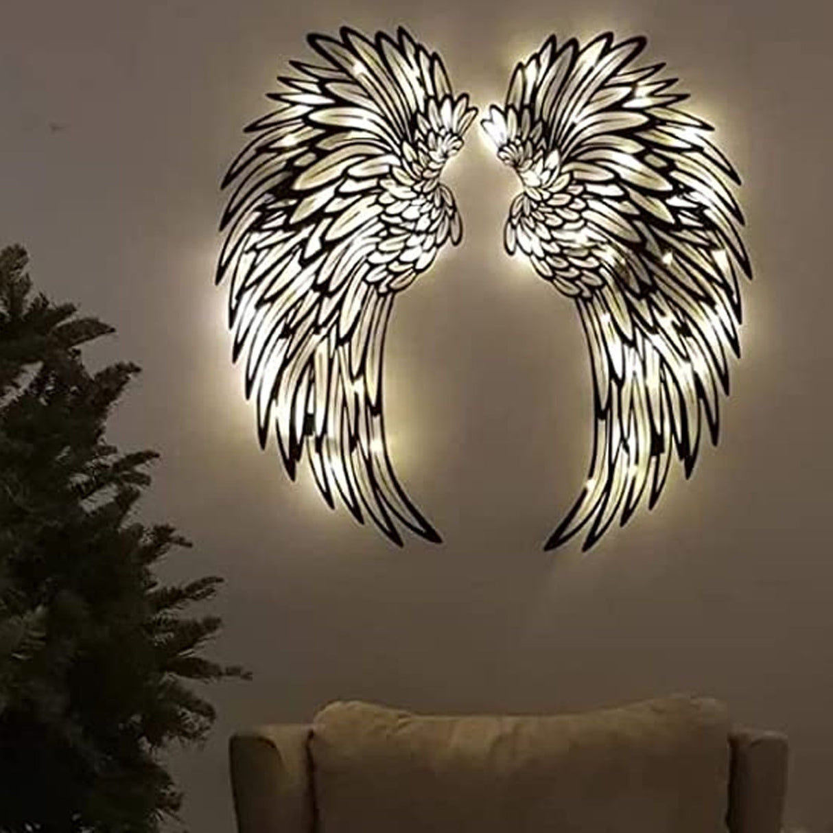 Angel Wings Metal Wall Art Indoor Outdoor Hanging Metal Angel Wings Wall Decor with LED Lights for Home Bedroom Living Room Garden Office