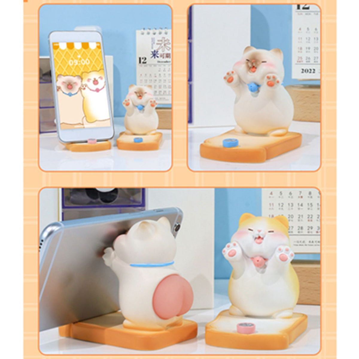 Cute Cat Cellphone Holder Resin Mini Portable Mobile Phone Stand Desk Ornament for Bedroom Office Ginger