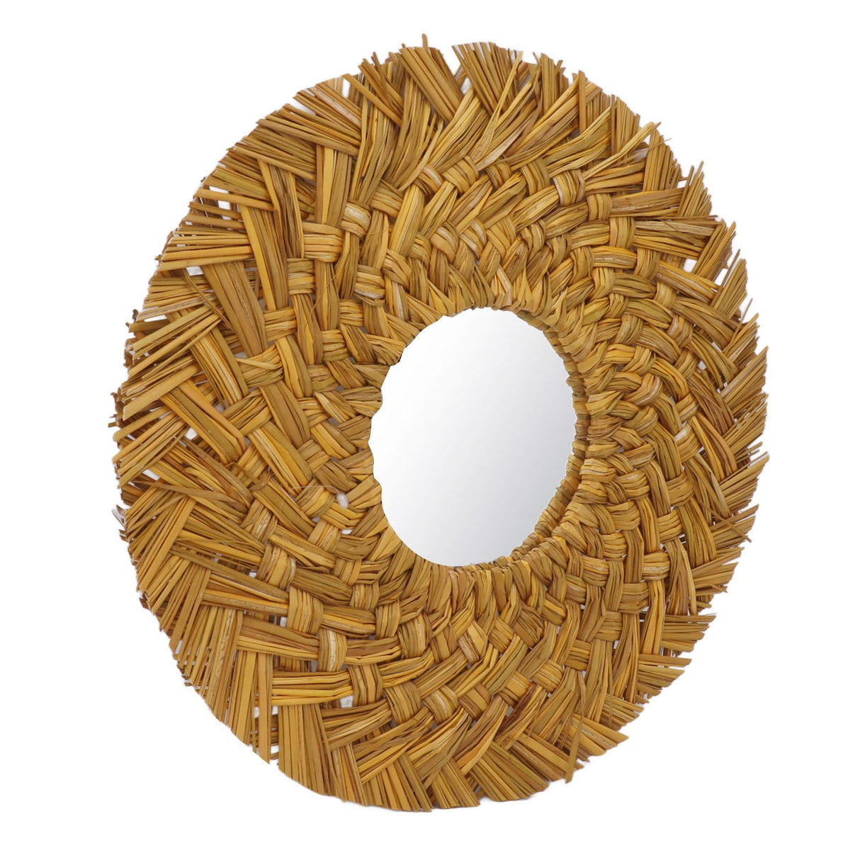 Straw Weaving Wall Mirror Retro Beautiful Woven Wall Hanging Mirror for Dorm Room Decoration Gold