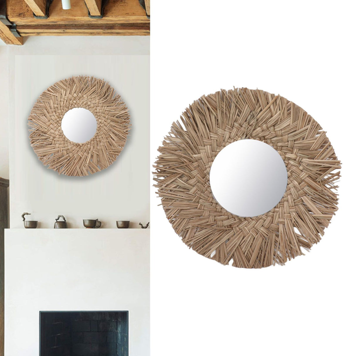 Straw Weaving Wall Mirror Retro Beautiful Woven Wall Hanging Mirror for Dorm Room Decoration Nature