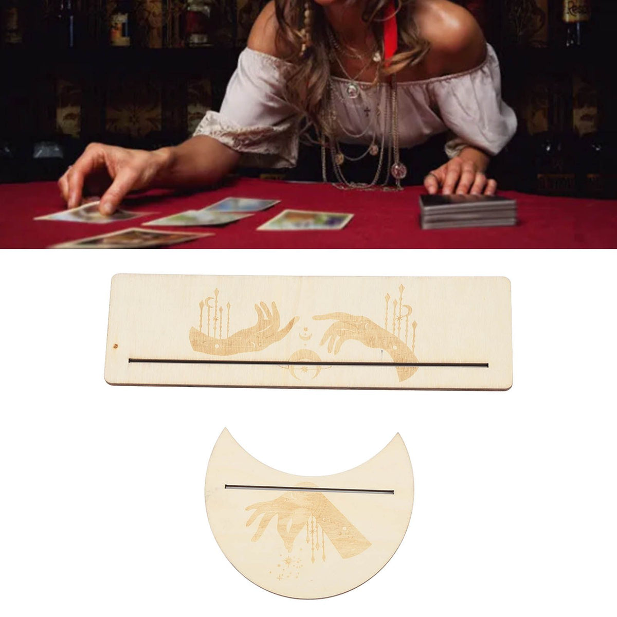 2 Pieces Wooden Tarot Card Stand Holder Stable Moon Shape and Rectangle Wooden Tarot Card Display Stand Base Type C