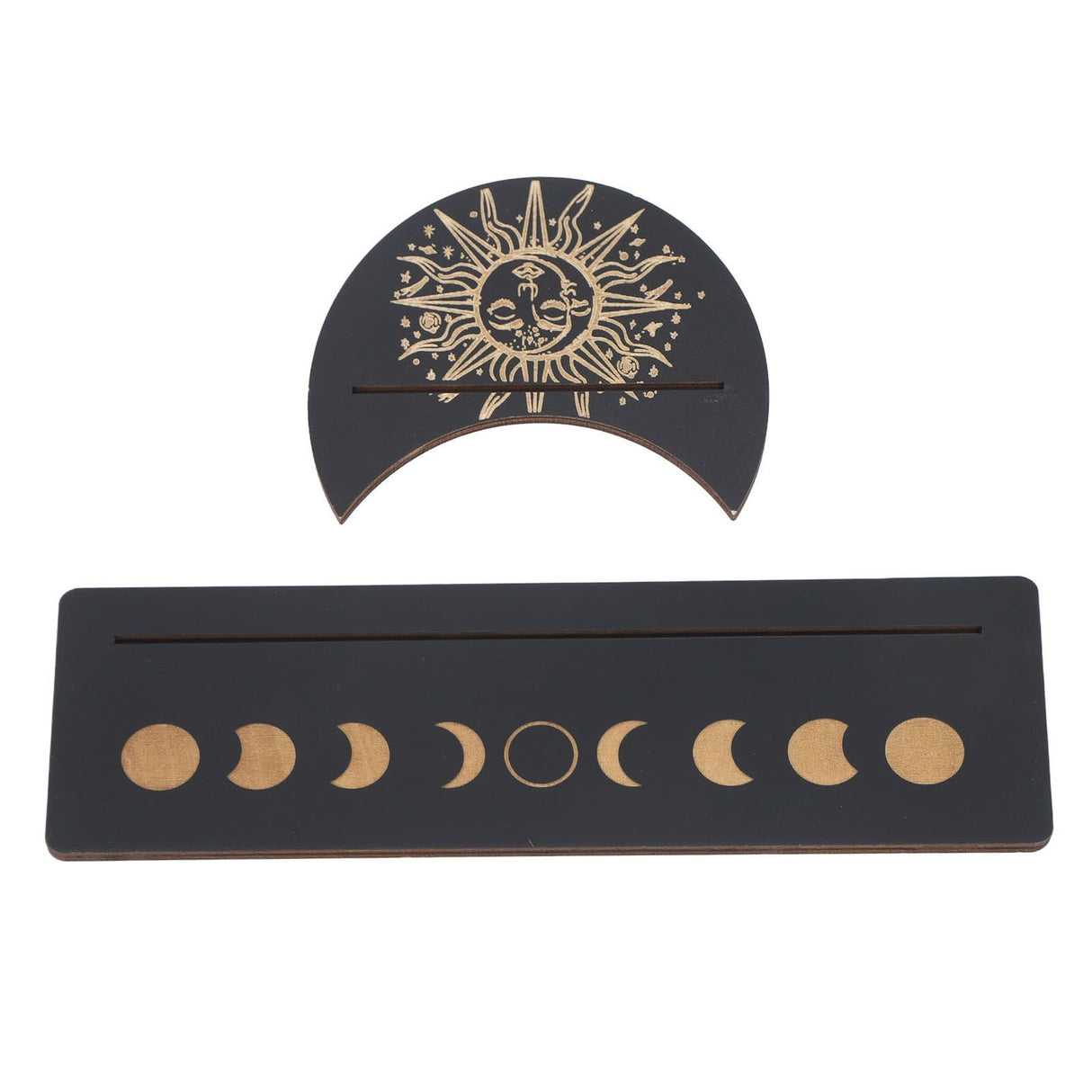 2 Pieces Wooden Tarot Card Stand Holder Moon Shape and Rectangle Wooden Tarot Card Display Stand Base Black Type B