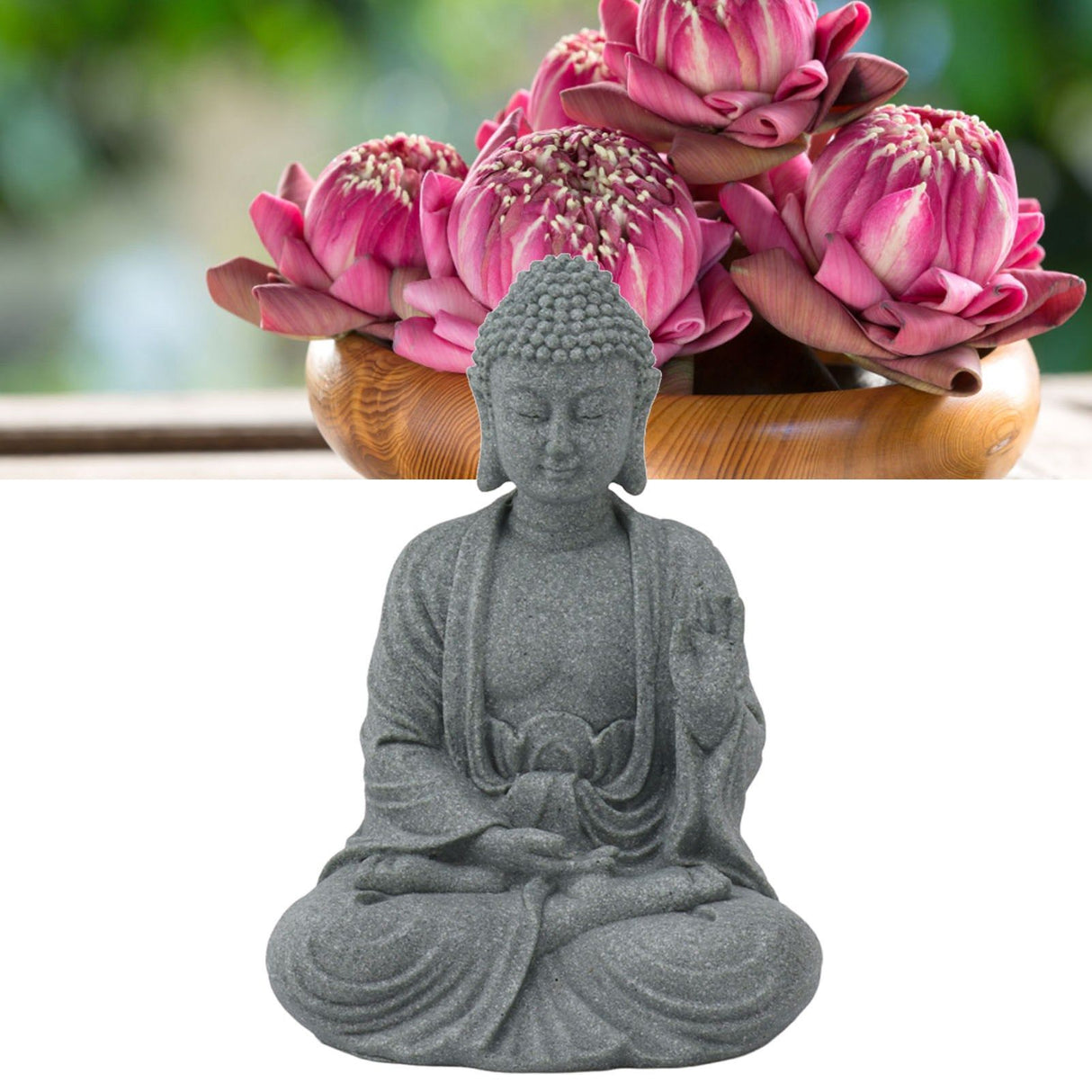 Buddha Statue Green Sandstone Sculpture Buddhist Sitting Figurine Ornament for Living Room Courtyard 7135K-02