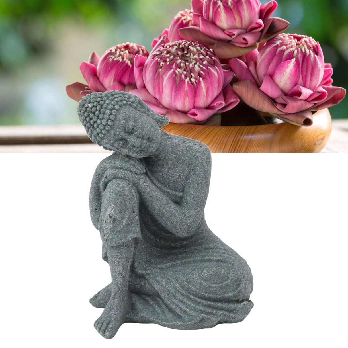 Buddha Statue Green Sandstone Sculpture Buddhist Sitting Figurine Ornament for Living Room Courtyard 7135K-05