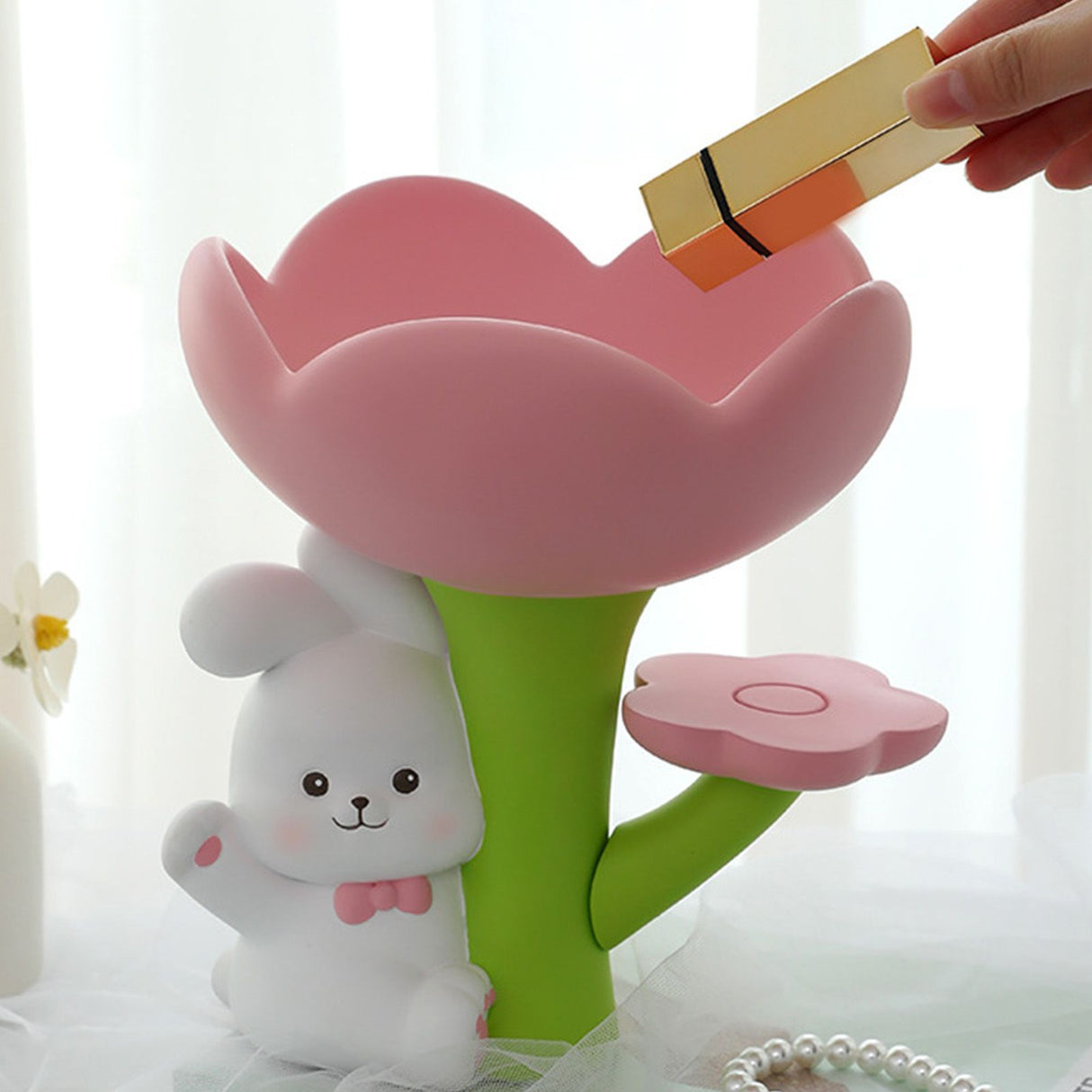 Rabbit Flower Key Tray Resin Storage Plate Jewelry Holder Home Decoration for Bedroom Office