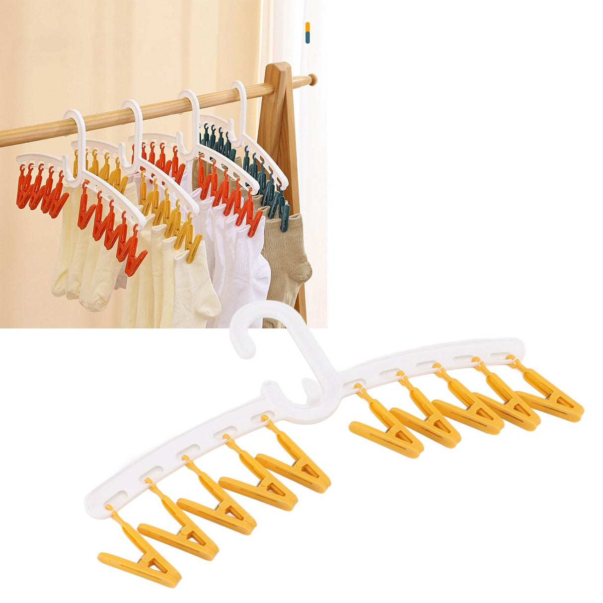 Plastic Sock Clips Drying Rack Straight Rod for Clothes Travel Portable Supplies White and Yellow