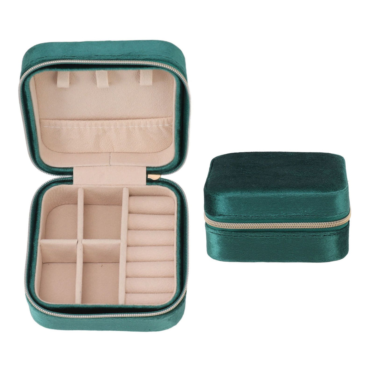 Velvet Jewelry Box Compact Small Zippered Travel Organizer Portable Storage Case for Daily Use Blackish Green