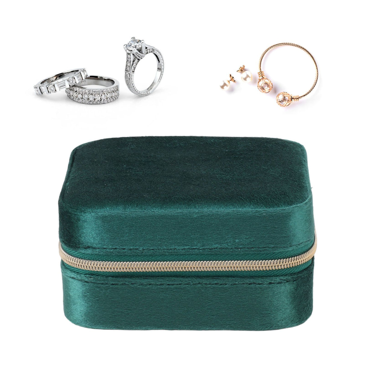 Velvet Jewelry Box Compact Small Zippered Travel Organizer Portable Storage Case for Daily Use Blackish Green