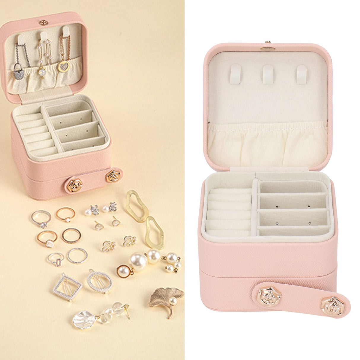 Jewelry Box Pink Portable Multi Layer PU Leather Jewelry Travel Case for Home Ring Earrings Necklace