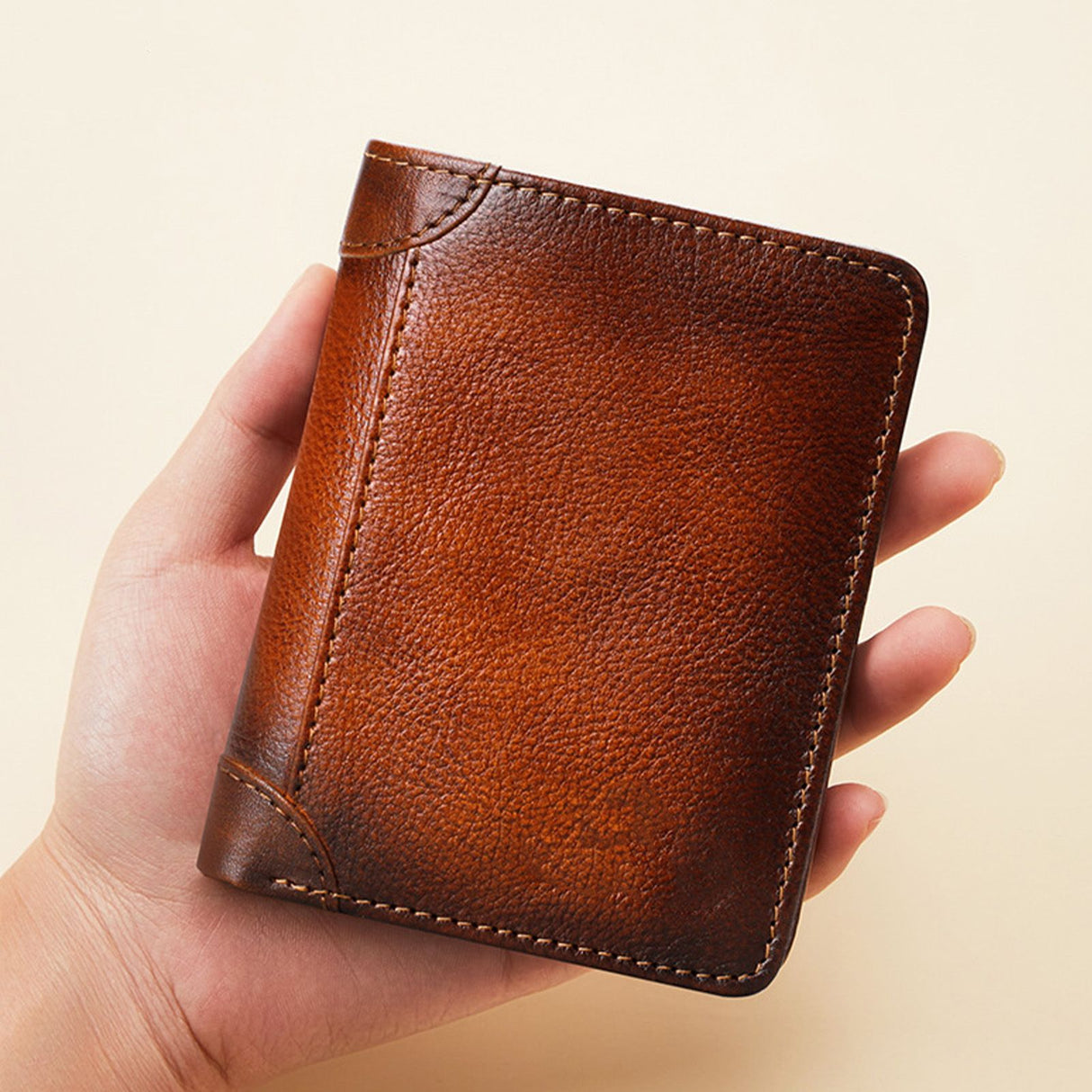 Trifold Wallet Retro Style Large Space Multi Card Slots Men Leather Wallet Coin Purse Yellowish Brown