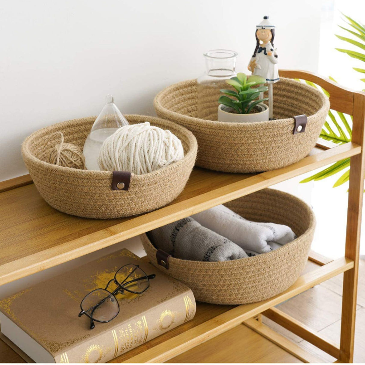 3 Piece Cotton Rope Woven Storage Basket Set Round Cotton Linen Storage Basket for Desktop Organizing Hemp Rope