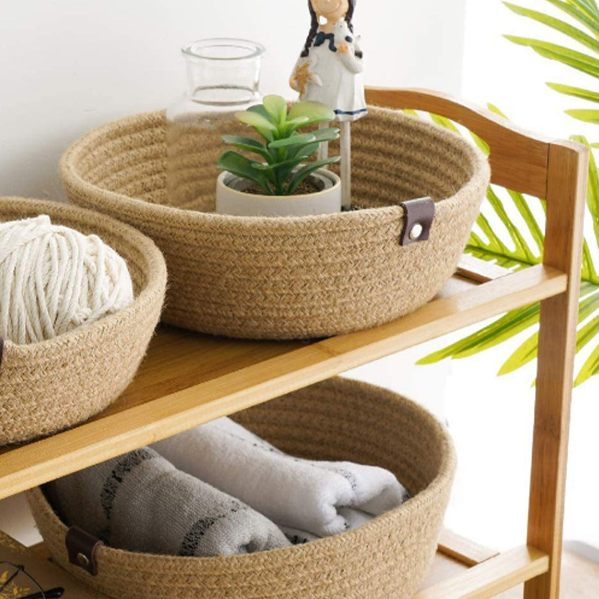 3 Piece Cotton Rope Woven Storage Basket Set Round Cotton Linen Storage Basket for Desktop Organizing Hemp Rope