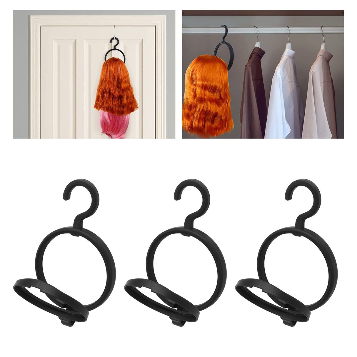 3Pcs Hanging Wig Stand Space Saving Portable Plastic Wig Display Hanger for Home Travel Black