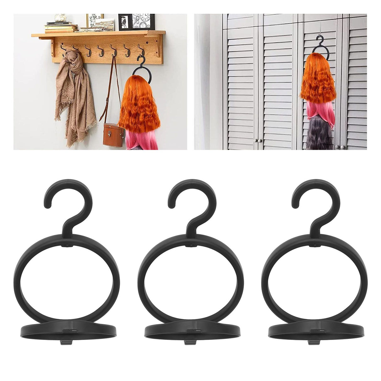 3Pcs Hanging Wig Stand Space Saving Portable Plastic Wig Display Hanger for Home Travel Black