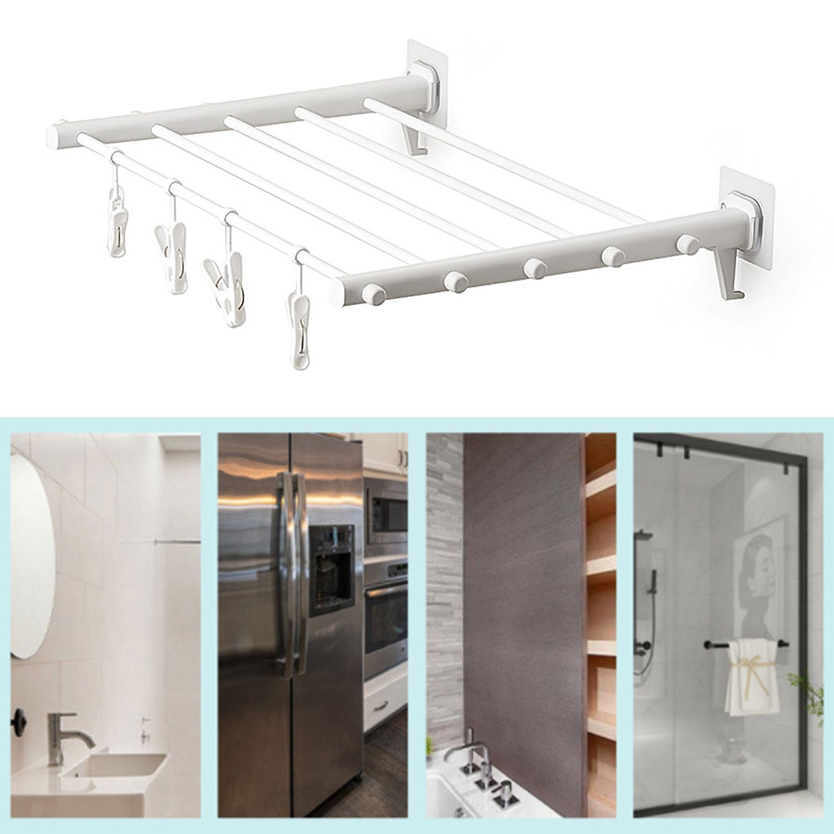 Wall Mounted Clothes Drying Rack Folding Telescopic Punch Free Plastic Laundry Rack for Indoor Balcony 530mm 4 Clips