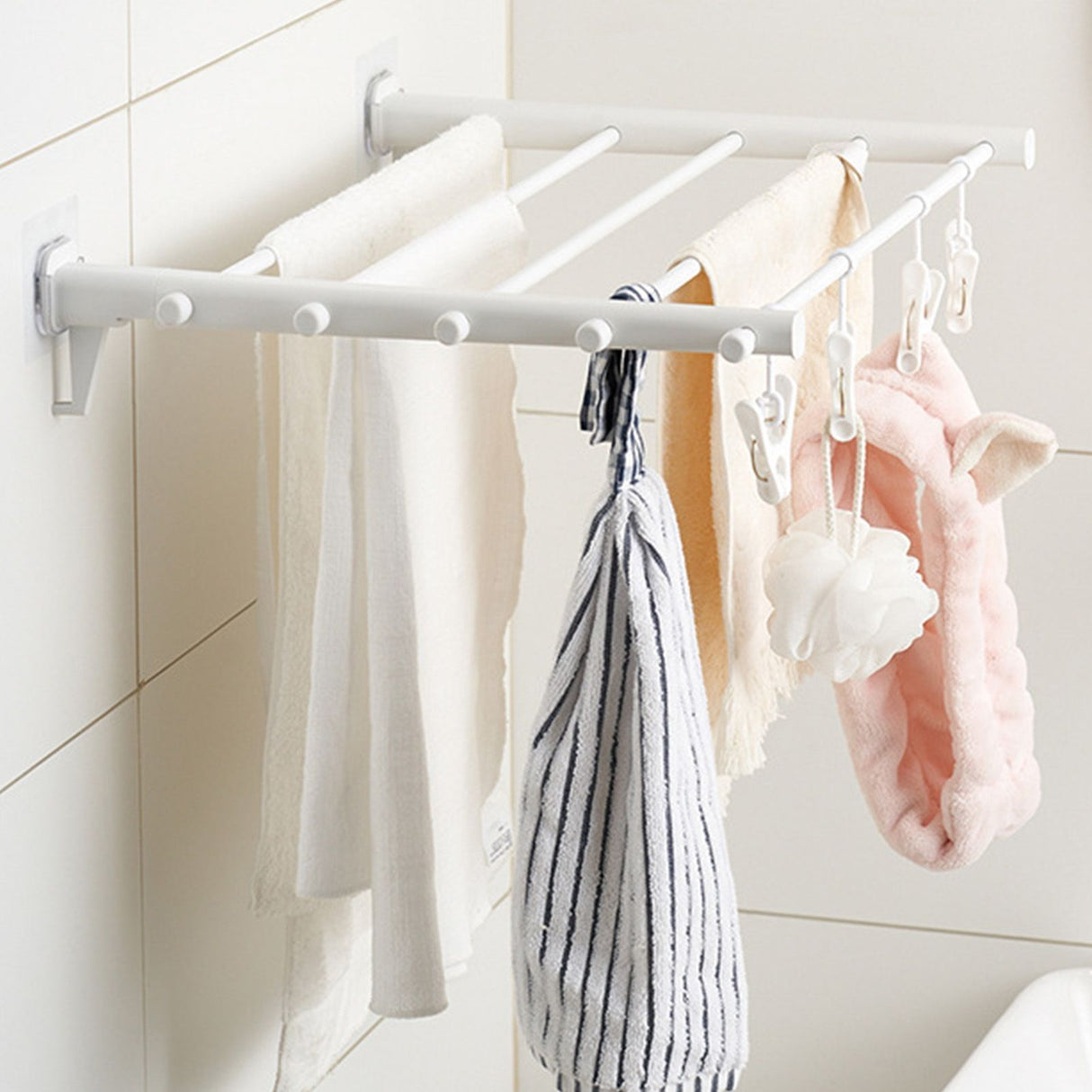 Wall Mounted Clothes Drying Rack Folding Telescopic Punch Free Plastic Laundry Rack for Indoor Balcony 530mm 4 Clips