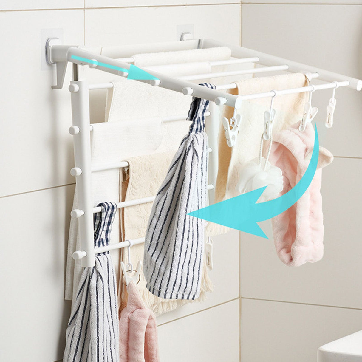 Wall Mounted Clothes Drying Rack Folding Telescopic Punch Free Plastic Laundry Rack for Indoor Balcony 530mm 4 Clips