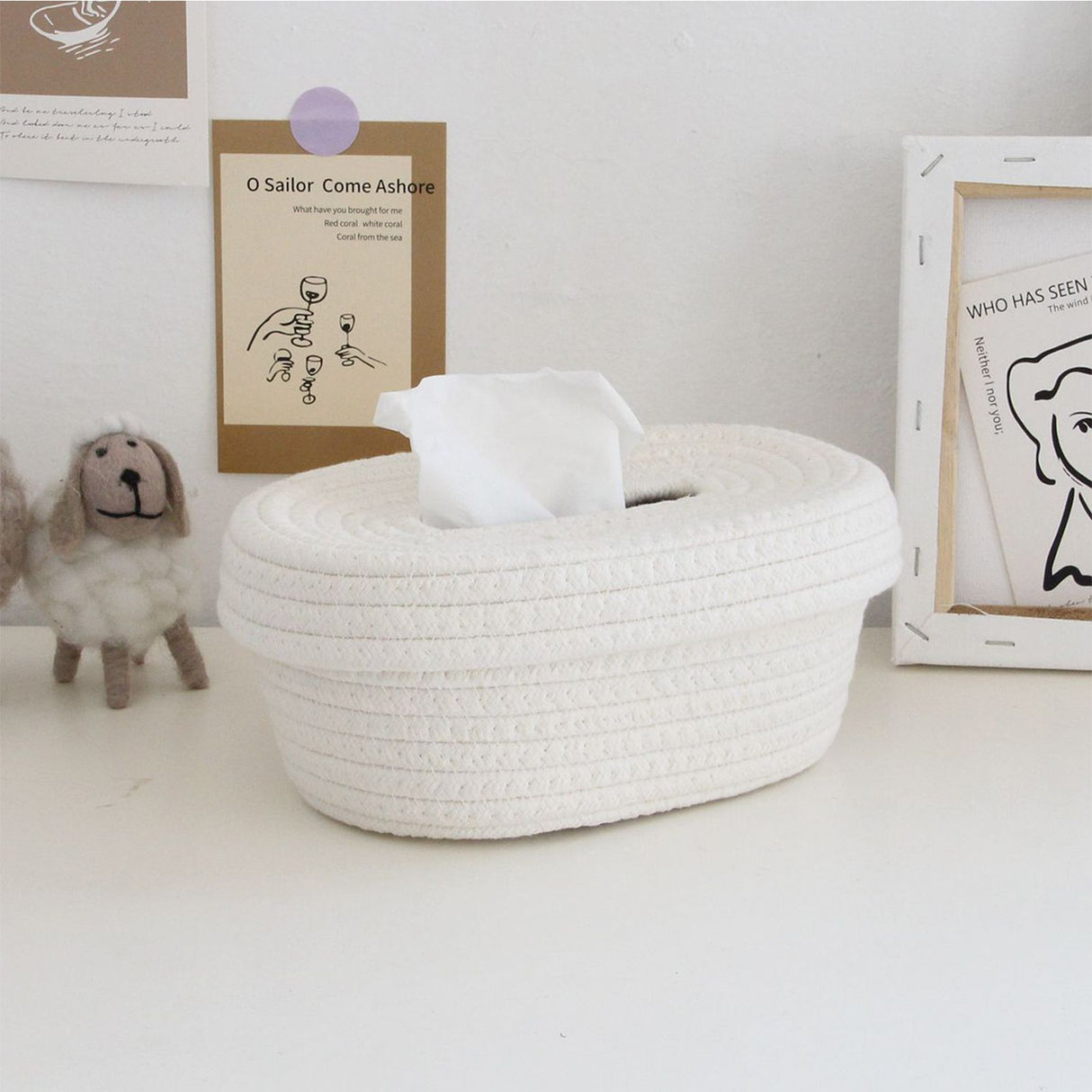 Tissue Box Cover Handmade Cotton Rope Napkin Tissue Holder Decorative Household Desktop Tissue Storage Box White