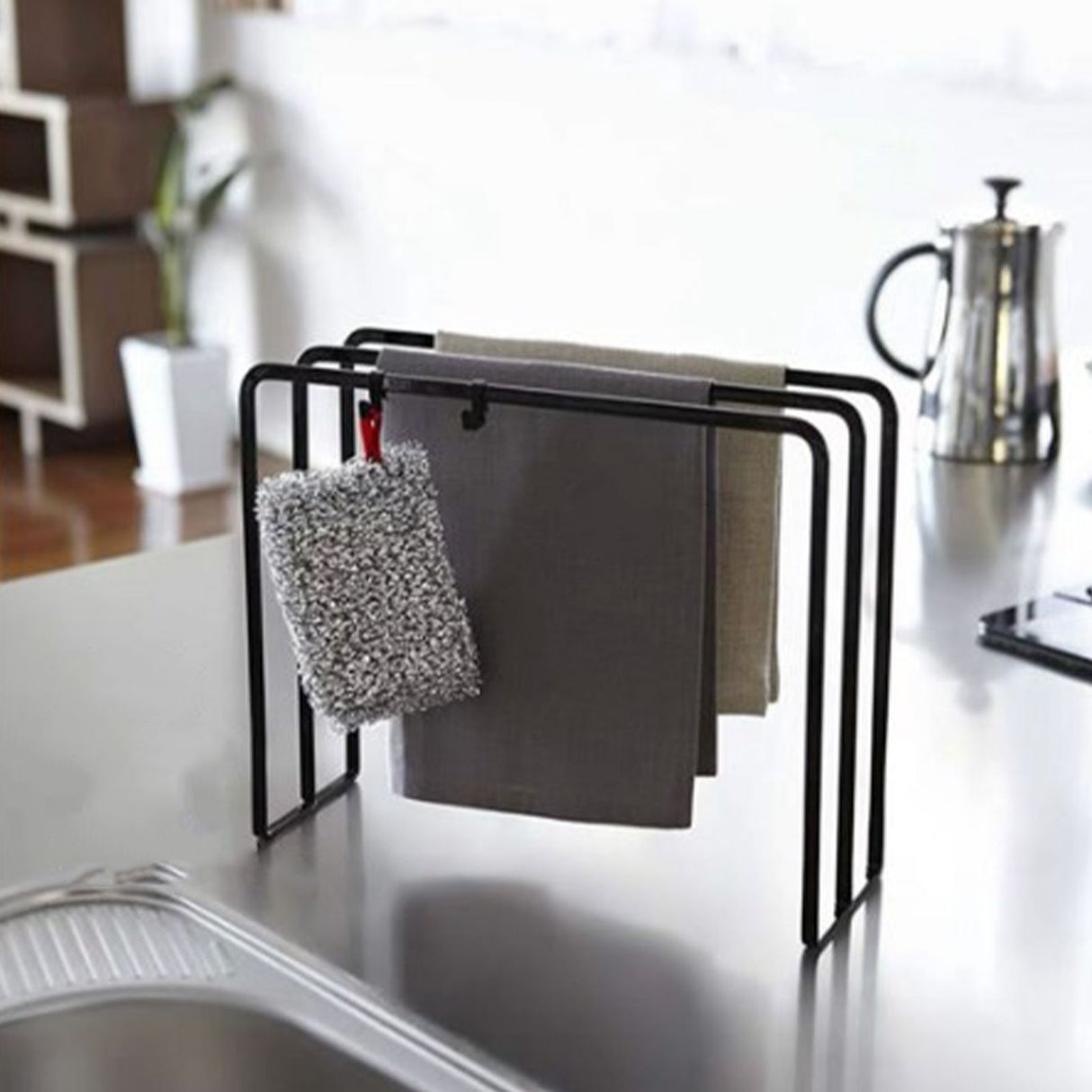 Kitchen Countertop Dishcloth Drying Rack Iron Dishcloth Towel Holder Free Standing Dish Rag Storage Hanger Black