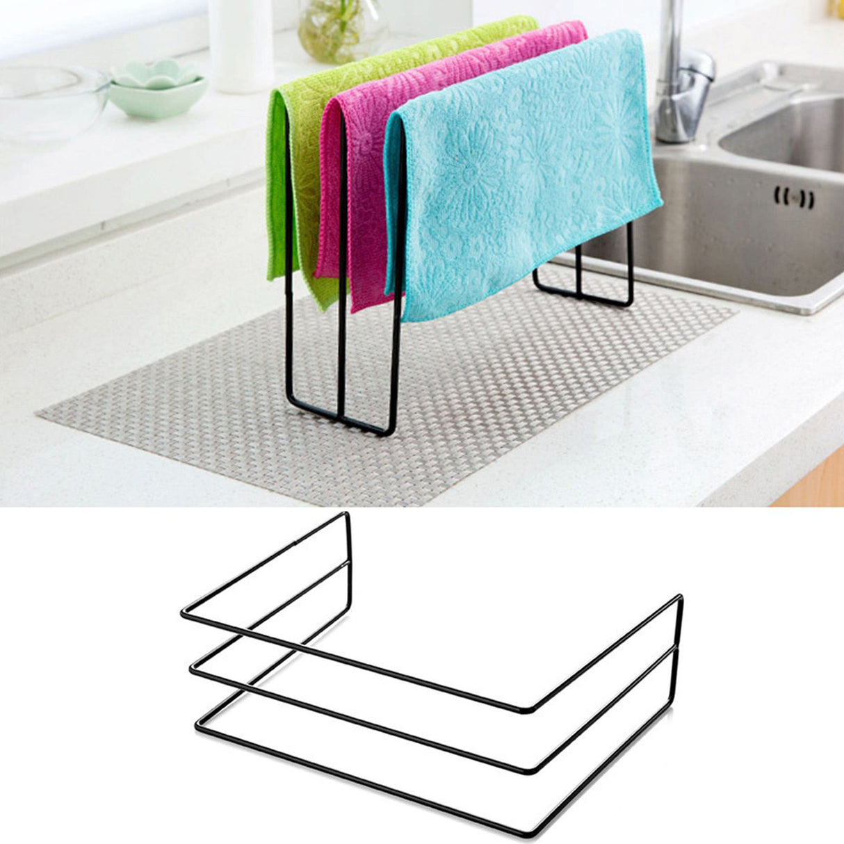 Kitchen Countertop Dishcloth Drying Rack Iron Dishcloth Towel Holder Free Standing Dish Rag Storage Hanger Black