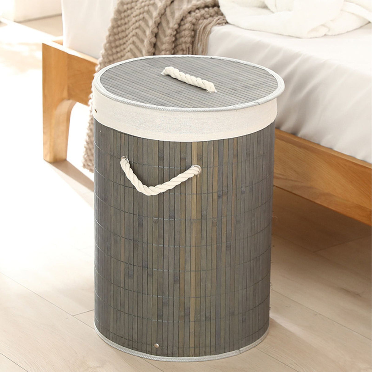 Foldable Laundry Basket Grocery Basket Bamboo Large Capacity Dirty Clothes Storage Bucket for Home 1.0 Grey Round