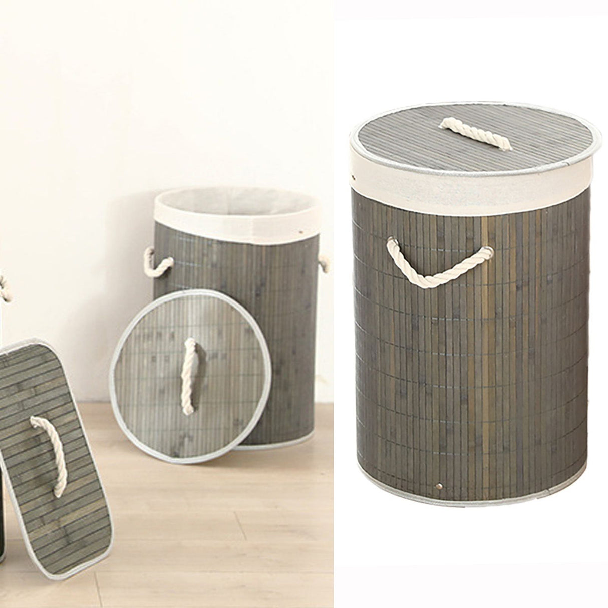 Foldable Laundry Basket Grocery Basket Bamboo Large Capacity Dirty Clothes Storage Bucket for Home 1.0 Grey Round
