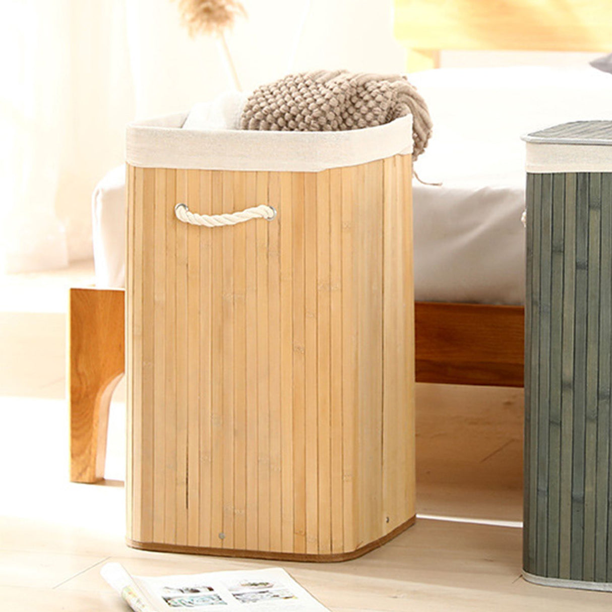 Foldable Laundry Basket Grocery Basket Bamboo Large Capacity Dirty Clothes Storage Bucket for Home 1.7 Original Color Square