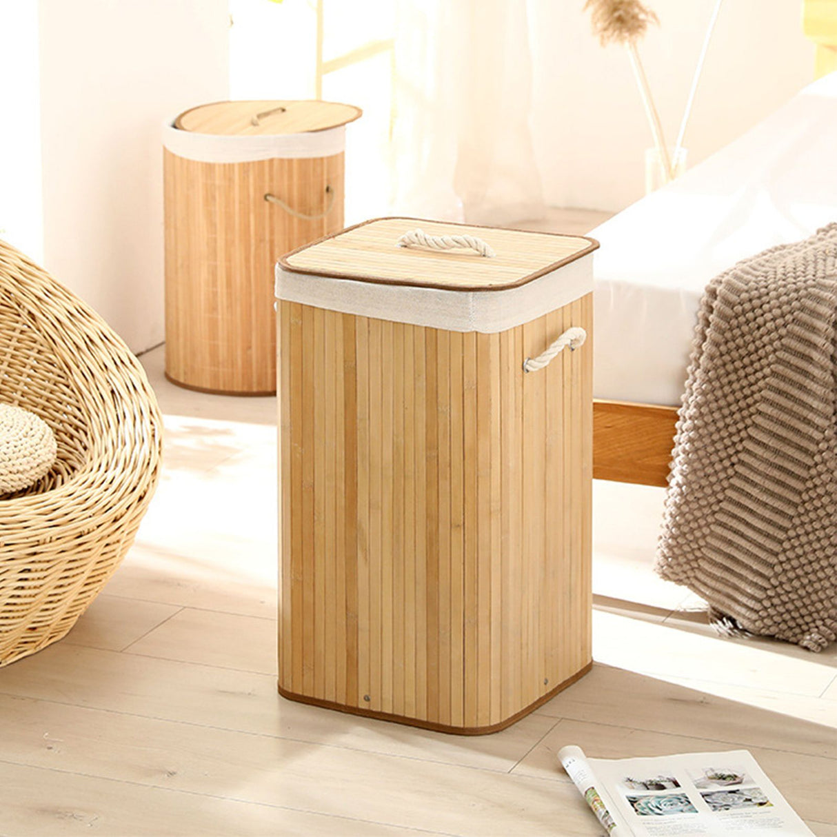 Foldable Laundry Basket Grocery Basket Bamboo Large Capacity Dirty Clothes Storage Bucket for Home 1.7 Original Color Square