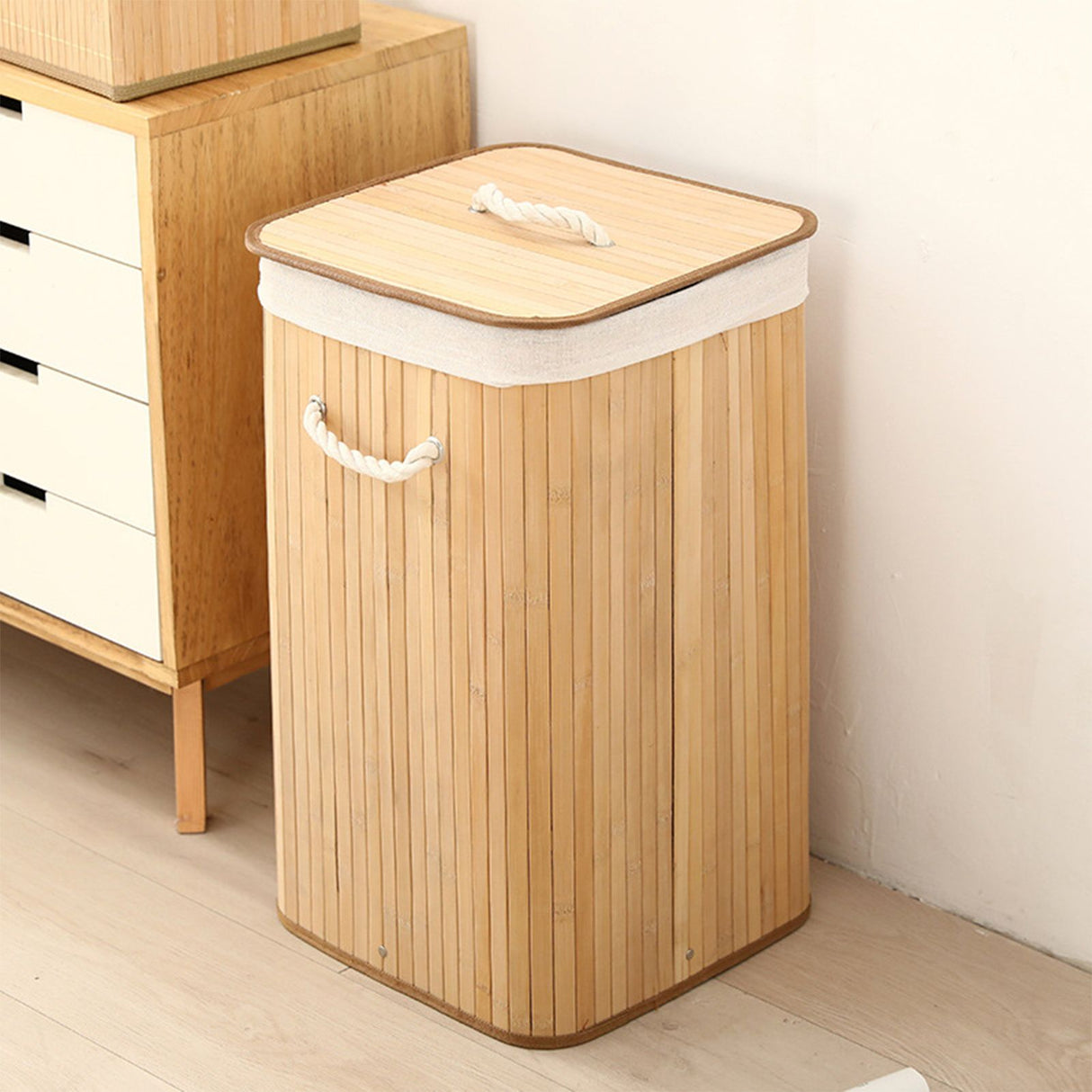 Foldable Laundry Basket Grocery Basket Bamboo Large Capacity Dirty Clothes Storage Bucket for Home 1.7 Original Color Square
