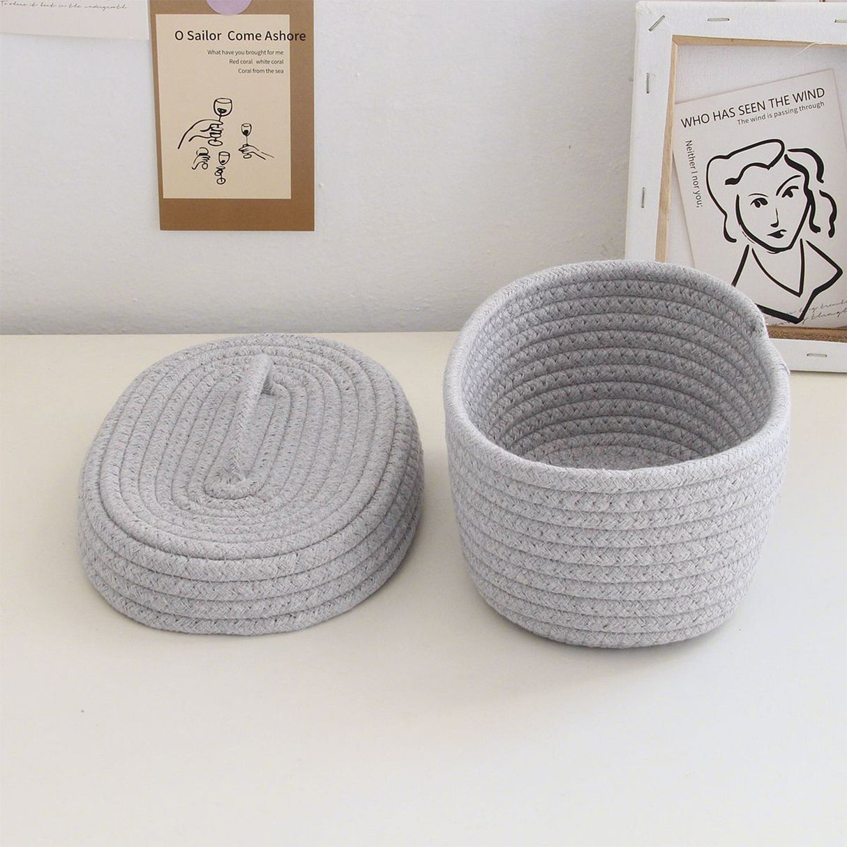 Desktop Storage Box with Lid Handmade Cotton Rope Storage Basket for Makeup Sundries Snack Needles Grey