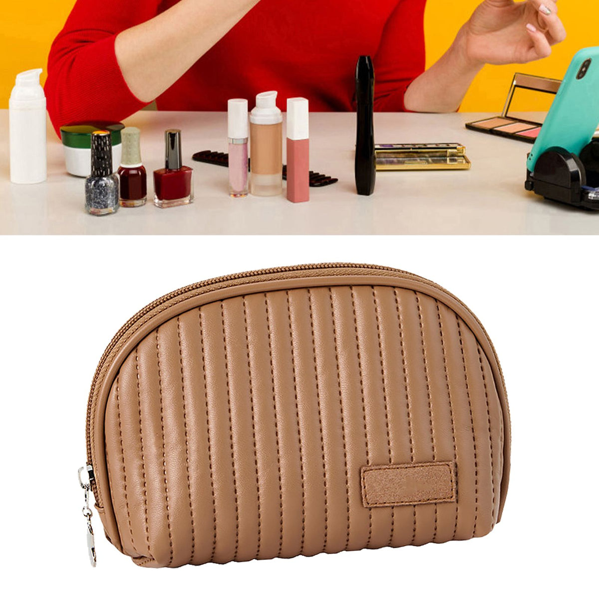 PU Leather Makeup Bag Portable Large Capacity Storage Travel Makeup Bag for Lipstick Cosmetic Brown