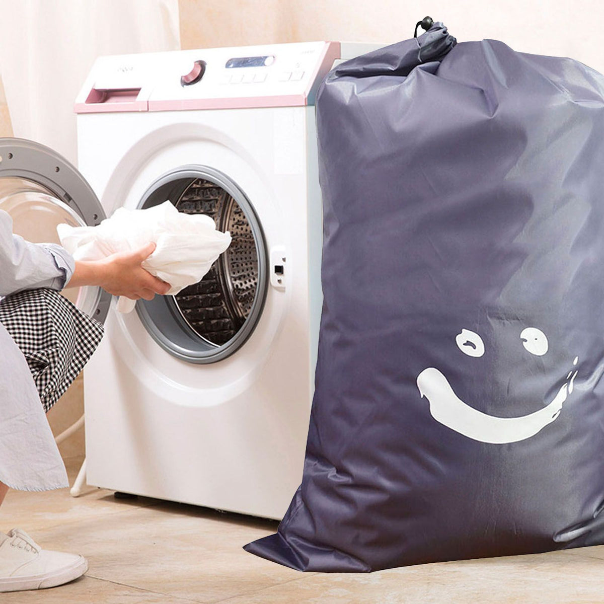 Laundry Bag Nylon Drawstring Cylinder for Household Travel Dirty Clothes Quilt Books Storage Dark Grey Smiling Face