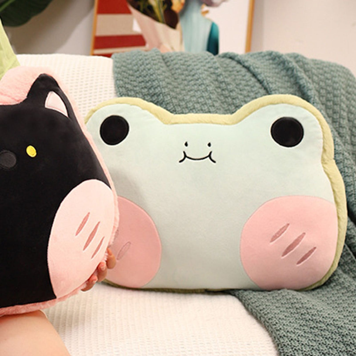 Animal Shape Pillow Stuffed Cushion Toy Flannel Plush Animal Soft Pillow for Kids Christmas Gift Avocado Green Frog 40x30cm